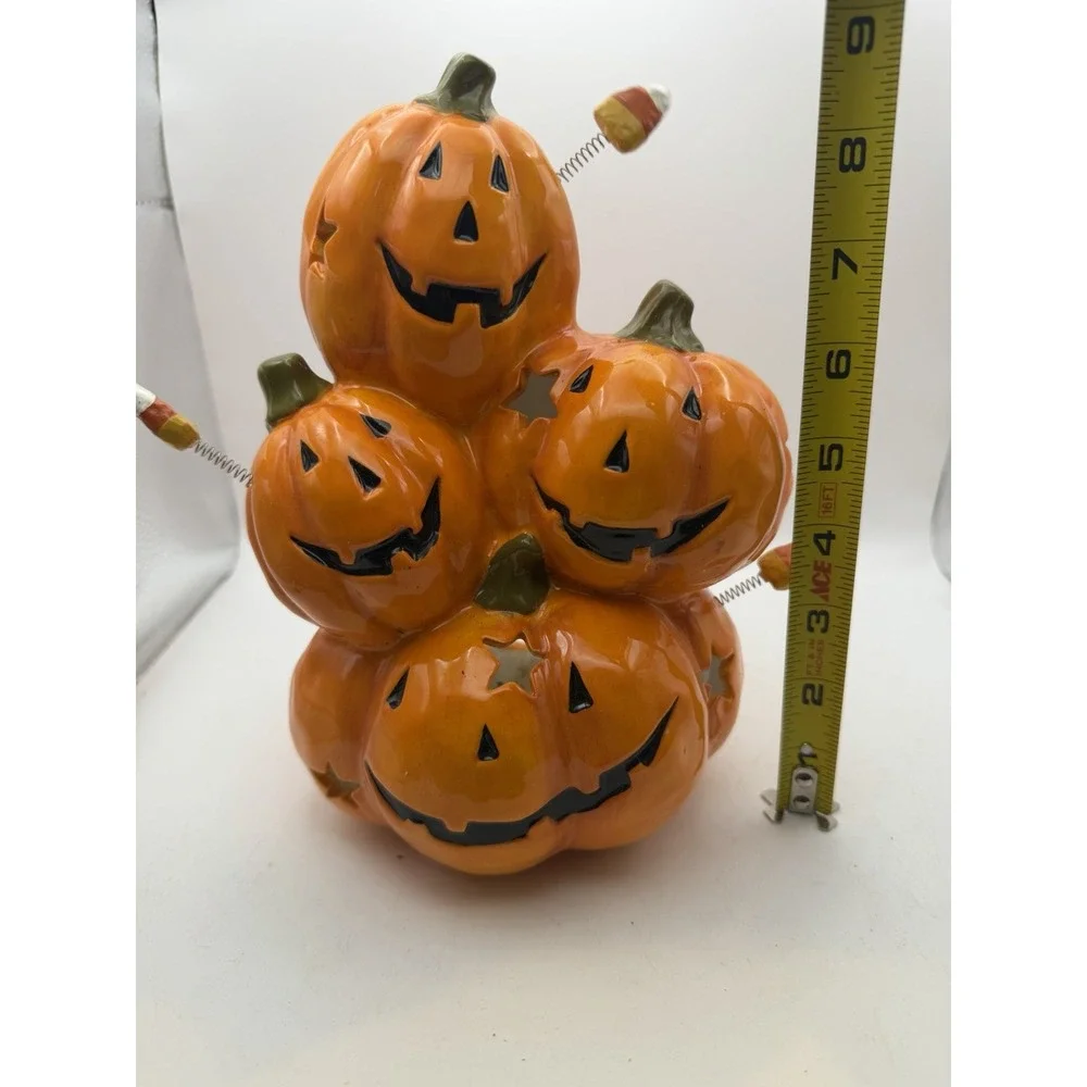 Vintage Ceramic Jack O' Lantern Pumpkin Candle Holder Candy Corn Halloween Decor